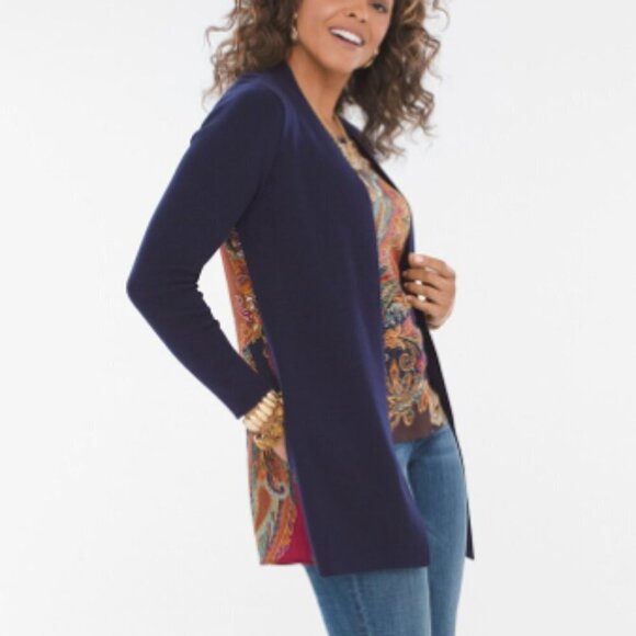 CHICO'S Paisley Woven-Back Cardigan Sweater Cotton Blend Silky Back Chico's 0 XS - Picture 3 of 11